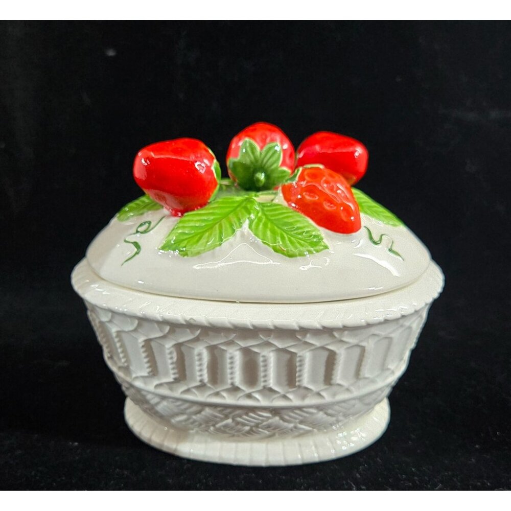 Vintage Strawberry tin glazed lidded dish
